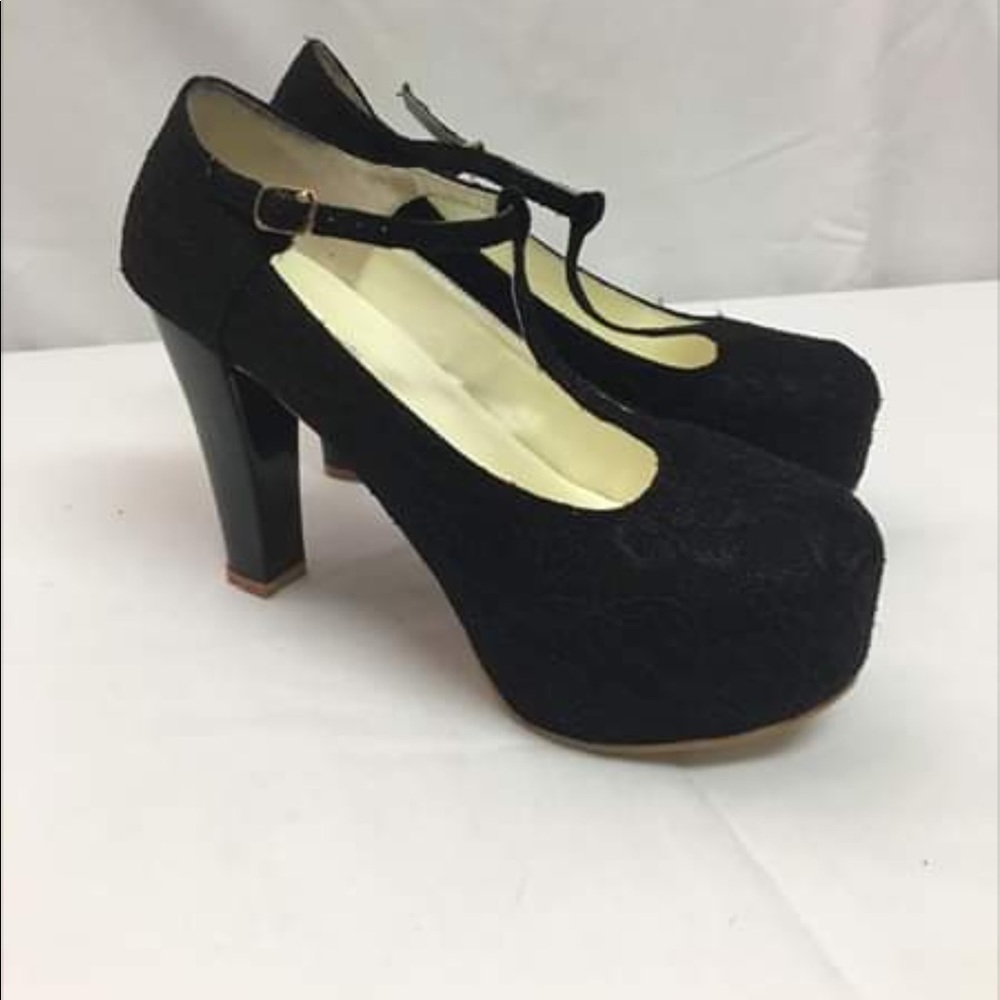 GETMOREBEAUTYBlack super hi-heelsT-strapping Lace